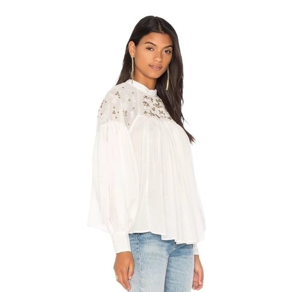 Women’s Top FREE PEOPLE Have It My Way Shirt Beads Embroidered Mutton Sleeve Top - Picture 2 of 10